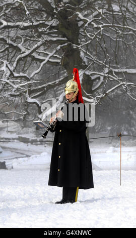 Un membro della Heavy Cavalry and Cambrai Band, con sede a Catterick, suona durante un Royal Salute da 21 cannoni dei Museum Gardens di York, per celebrare il 60° anniversario dell'adesione della Regina al trono. Foto Stock