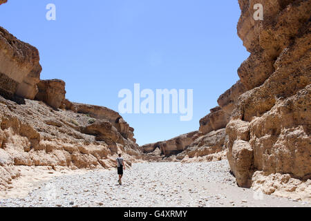 La Namibia, Hardap, Sesriem Canyon, Namib Naukluft Park, il giovane uomo giù nel canyon Foto Stock