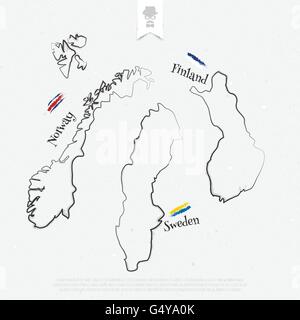 La Finlandia, la Svezia e la Norvegia mappe di contorno e colori ufficiali sulla trama della carta. mappa vettoriale di una linea sottile icone su sfondo bianco. Illustrazione Vettoriale