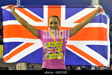 Jessica Ennis si pone per i media durante le prove Aviva e UK Indoor Championships, English Institute of Sport, Sheffield. Foto Stock