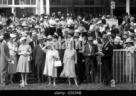 La Regina e la Regina Madre sul campo davanti al Derby Stakes. Dalla famiglia reale sono inoltre raffigurate la principessa Anne, Hon Angus Ogilvy, la principessa Michael di Kent e il duca di Edimburgo. Foto Stock