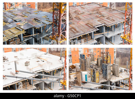 Quattro distinte fasi di grandi edifici in cemento costruzione in corso con gru a torre, travi e colonne di fondazione Foto Stock