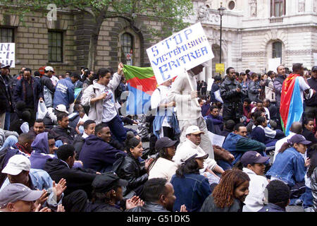 I manifestanti eritrei seduti a Whitehall fuori Downing Street, poco prima che le scene si trasformino in brutte. La polizia ha chiuso la strada dopo un violento scontro tra etiopi e 300 dimostranti eritrei fuori Downing Street. * circa 150 ufficiali sono intervenuti come una folla etiope ha fatto precipitare pietre ai manifestanti eritrei durante i violenti in cui alcune persone sono state ferite e altre arrestate. Gli eritrei hanno iniziato la loro protesta nel centro di Londra dopo che l'esercito etiope ha intensificato la sua offensiva contro le forze eritree nel Corno d'Africa. Foto Stock