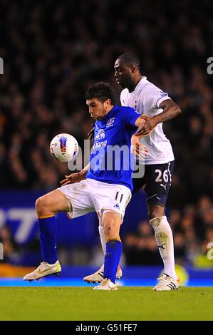 Ledley King di Tottenham Hotspur (a destra) e Denis Stracqualursi di Everton per la sfera Foto Stock