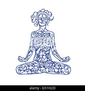 Meditando donna illustrazione. Donna astratta figura in lotus pongono. Illustrazione Vettoriale