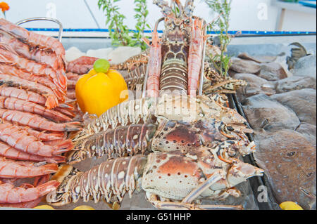 Collezione di piatti a base di frutti di mare freschi Gamberetti Astici passera di mare sul display al ristorante di pesce a buffet Foto Stock