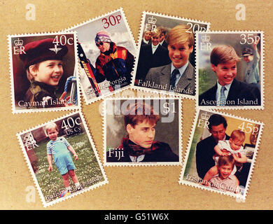 Alcuni dei francobolli emessi per celebrare il diciottesimo compleanno del Principe Guglielmo di Gran Bretagna in tutto il mondo. Il Crown Agents Stamp Bureau a Sutton, Surrey, hanno coordinato il concetto e la produzione di speciali 'Happy Birthday Prince William' omnibus questioni. * ...per sette paesi, Georgia del Sud, Tristan da Cunha, Isola dell'Ascensione, Isole Vergini Britanniche, Isole Cayman, Isole Falkland e Figi. Foto Stock