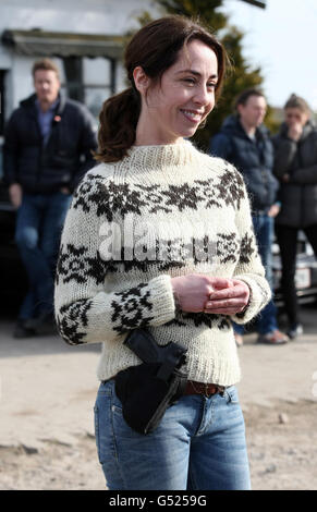 L'attrice di uccisione Sofie Grabol, prima di incontrare la duchessa di Cornovaglia sul set a Lynge, Danimarca. Foto Stock