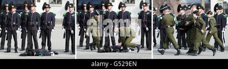 Un composito di un serviceman svenito e portato via dalla Guardia d'onore prima dell'arrivo del Principe di Galles e della Duchessa di Cornovaglia, in una cerimonia di posa di una corona presso il Monumento Nazionale, Fortezza di Akershus, In Norvegia durante il tour reale della Scandinavia come parte delle celebrazioni del Giubileo dei Diamanti della Regina. Foto Stock