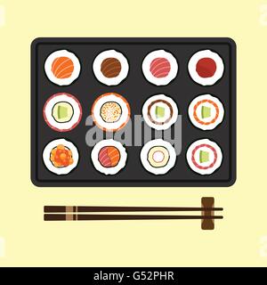 Serie di rotoli di sushi cucina Giapponese design piatto illustrazione vettoriale Illustrazione Vettoriale