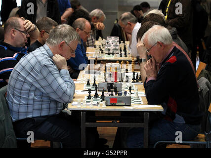 I giocatori di scacchi prendono parte al Congresso degli scacchi di Edimburgo del 2012 che si terrà alla George Heriots School di Edimburgo. Foto Stock