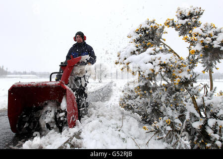 Un verde-guardiano libera la neve dai sentieri sul campo di re a Gleneagles dopo la nevicata come più di sei pollici di neve cadde nello spazio di quattro ore in alcune parti della Scozia durante la notte come un fronte artico del tempo si è abbassato sul Regno Unito. Foto Stock