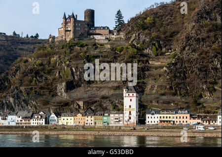 San Goarshausen, il fiume Reno e Burg Katz castello, Valle del Reno superiore e centrale, Sito Patrimonio Mondiale dell'UNESCO, Renania-Palatinato Foto Stock