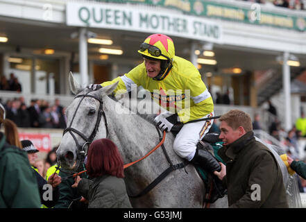 Daryl Jacob festeggia su Neptune Collonges dopo aver vinto durante il Grand National Steeple Chase di John Smith il terzo giorno del Grand National Meeting di John Smith del 2012 all'ippodromo di Aintree, Liverpool. Foto Stock