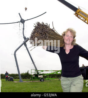 L'artista Serena de la Hey si erge di fronte al suo quadro per una scultura di salice enorme, soprannominato il Colosso dell'Ovest accanto all'autostrada M5. La scultura gigante di una figura running è stata messa in su come parte dell'anno dell'artista nel sud-ovest. * ...e si può vedere dalla M5 vicino a Bridgwater, Somerset, e dalla vicina linea ferroviaria. L'artista locale Serena completerà ora la scultura, che è stata paragonata all'Angelo del Nord, tessendo salice coltivato localmente intorno al telaio metallico. Foto Stock