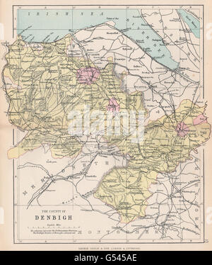 DENBIGHSHIRE: " La Contea di Denbigh'. Wrexham Rhyl Galles. Bartolomeo, 1896 Mappa Foto Stock