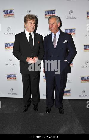 Il Principe del Galles e Robert Redford al primo festival di musica e film Sundance London all'O2 Arena di Londra. Foto Stock