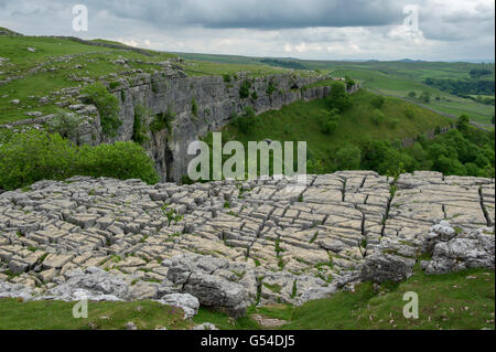 Pavimentazione di pietra calcarea in alto di Malham Cove, Yorkshire Dales National Park, England, Regno Unito Foto Stock