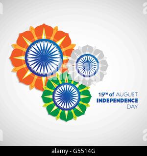 Felice Giorno Di Indipendenza in India. Il 15 di agosto. Indian Independence Day abstract sfondo con fiori e ruota di ashoka Illustrazione Vettoriale