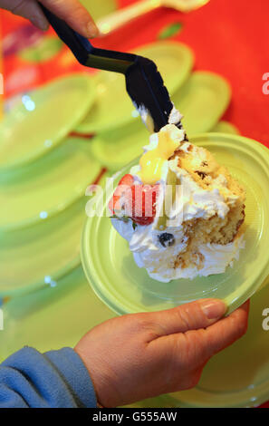 Torta dolce con panna montata e frutta fresca Foto Stock