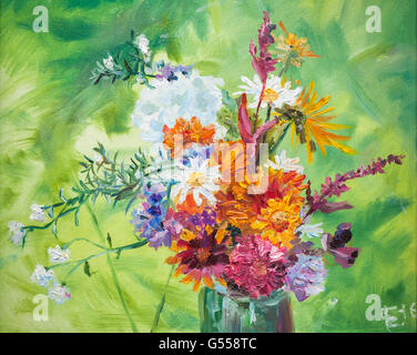 La pittura ad olio con colorati bouquet di fiori d'estate Foto Stock