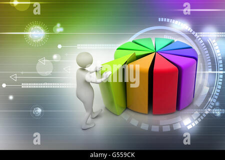 3d uomo rosso spingendo la pace del grafico a torta Foto Stock