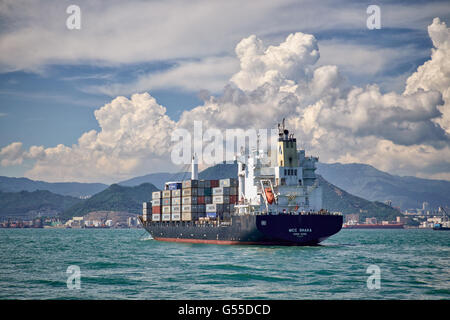 Un contenitore nave giace al di ancoraggio in Occidente Lamma canale off Tsing Yi di Hong Kong. Foto Stock