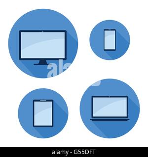 Monitor tablet telefono portatile di colore blu lungo ombra Imposta icona moderna illustrazione vettoriale Illustrazione Vettoriale