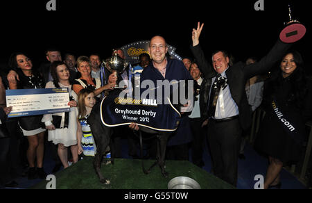 Greyhounds - Williamhill.com Greyhound Derby Final - Wimbledon Greyhound Stadium. I collegamenti del levriero 'Blonde Snapper' celebrano la vincita del William Hill Derby al Wimbledon Greyhound Stadium, Londra. Foto Stock