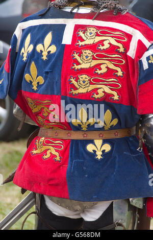 Tewkesbury, Regno Unito-Luglio 17, 2015: Lion & Fleur de Lys insegne sul retro del jerkin il 17 luglio 2015 a Tewkesbury Festival medievale Foto Stock