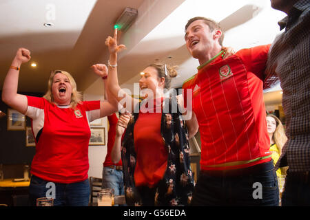 Aberystwyth, UK. Xx Giugno, 2016. Euro 2016 : Welsh i tifosi di calcio in Yr Hen Lew Du (vecchio leone nero) pub in Aberystwyth celebrano il loro team, 3-0 contro la Russia nel loro gruppo finale di gioco in Euro 2016 la concorrenza. Con l'Inghilterra essendo mantenuto a un 0-0 con la Slovacchia , Galles si è conclusa nella posizione superiore nel gruppo B Photo credit: Keith Morris / Alamy Live News Foto Stock