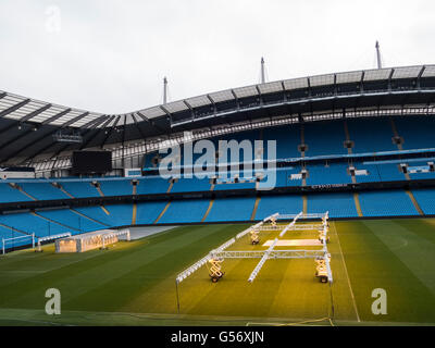 Impianti di trivellazione di illuminazione per fornire luce solare artificiale in inverno per l'erba del passo , Etihad Stadium Manchester City Regno Unito Foto Stock