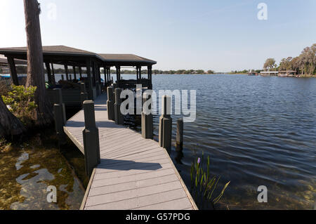 Vista guardando verso il basso un molo privato, verso una casa in barca sul Lago di Butler, Windermere, Orange County, Florida, Foto Stock