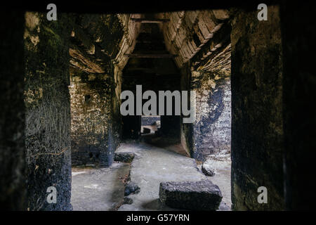 Un corridoio usurato in plaza del sette templi in Mundo Perdido, o il mondo perduto parte delle antiche rovine maya di Tikal Foto Stock