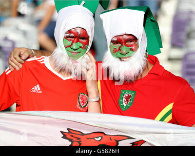 Il Galles tifosi sulle tribune mostrano il loro supporto prima della UEFA Euro 2016, gruppo B corrispondono a stadio comunale, Toulouse. Stampa foto di associazione. Picture Data: lunedì 20 giugno, 2016. Vedere PA storia SOCCER Wales. Foto di credito dovrebbe leggere: Martin Rickett/filo PA. Restrizioni: Utilizzo soggetto a restrizioni. Solo uso editoriale. Libri e riviste è consentito vendite fornendo non esclusivamente dedicato a qualsiasi team/player/corrispondono. Uso non commerciale. Chiamate il numero +44 (0)1158 447447 per ulteriori informazioni. Foto Stock