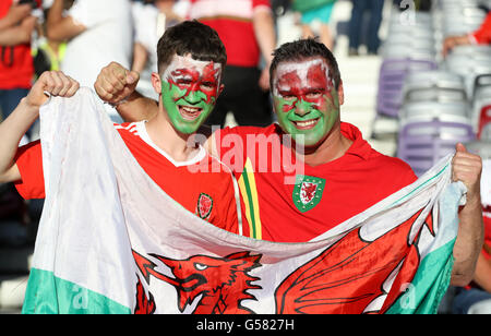 Il Galles tifosi sulle tribune mostrano il loro supporto prima della UEFA Euro 2016, gruppo B corrispondono a stadio comunale, Toulouse. Foto Stock