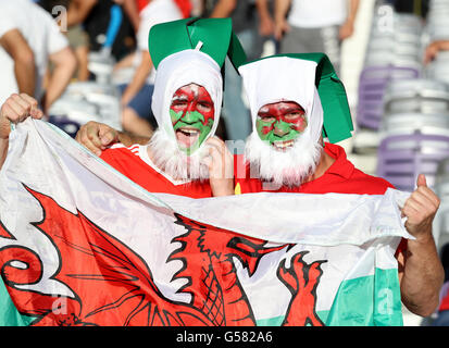 Il Galles tifosi sulle tribune mostrano il loro supporto prima della UEFA Euro 2016, gruppo B corrispondono a stadio comunale, Toulouse. Foto Stock