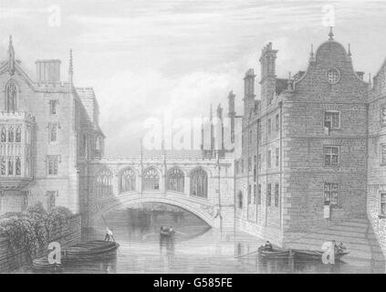 CAMBRIDGE: Il nuovo ponte. St. John's College. Barche (Le Keux), stampa c1842 Foto Stock