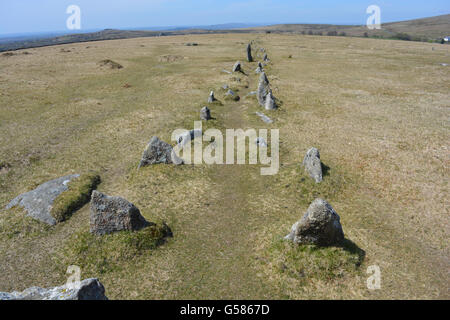 Merrivale Stone righe su Longash comune, Merrivale sito di insediamento, Parco Nazionale di Dartmoor, Devon, Inghilterra Foto Stock