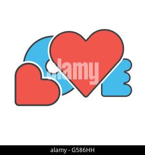 Rosso Blu Colore design creativo parola amore con il cuore simbolo del concetto di amore illustrazione vettoriale Illustrazione Vettoriale