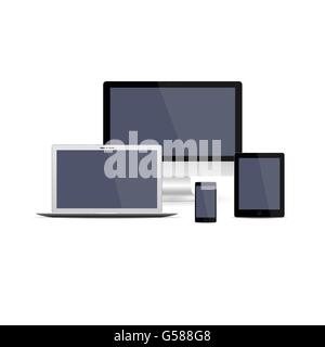 Set di realistici i monitor dei computer, laptop, tablet e telefoni cellulari. Gadget elettronici isolati su sfondo bianco. Vettore Illustrazione Vettoriale