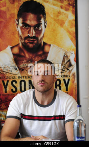 Tyson Fury durante la conferenza stampa all'Holiday Inn di Bristol. Foto Stock