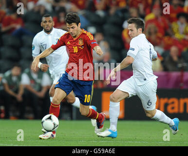 Calcio - UEFA Euro 2012 - Quarter Final - Spagna / Francia - Donbass Arena. Cesc Fabregas in Spagna e Yohan Cabaye in Francia Foto Stock