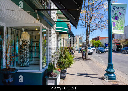 Eclettico di mercanti linea vetrine la strada principale del centro storico di Franklin TN Foto Stock