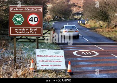 I cartelli chiedono al pubblico di tenersi lontano dal Dartmoor National Park, vicino a Okehampton, Devon, per evitare di allargare la diffusione di afta epizootica nella zona. La National Parks Authority ha effettivamente chiuso 200 miglia quadrate della brughiera. *...05/03/01 crescono i timori che migliaia di animali da fattoria di Dartmoor possano dover essere abbattuti a causa di un focolaio di afta epizootica in una delle fattorie del Ducato di Cornovaglia del Principe di Galles. Poiché il numero di casi confermati in Gran Bretagna continentale e Irlanda del Nord è salito a 69, l'Unione nazionale degli agricoltori ha descritto l'epidemia di Dartmoor come un Foto Stock