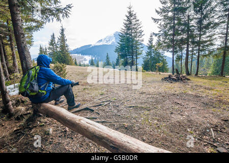 Escursionista solitario viaggiatore seduto su un log waching paesaggio di montagna Foto Stock