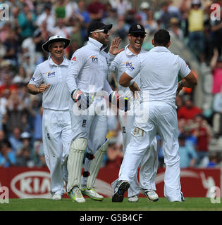 Tim Bresnan (a destra) dell'Inghilterra festeggia con Graeme Swann (2nd a destra), Matt Prior (2nd a sinistra) e Andrew Strauss (a sinistra) dopo aver preso il wicket di Graeme Smith del Sudafrica. Foto Stock