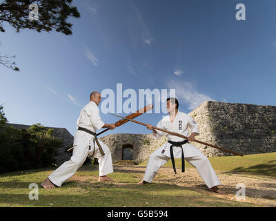 Masaharu Higa ottavo dan & Katsuyoshi Chibana 7 dan Okinawa SHORIN-RYU Karate-do la formazione presso il Castello Zakimi, Okinawa Foto Stock