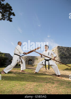 Masaharu Higa ottavo dan & Katsuyoshi Chibana 7 dan Okinawa SHORIN-RYU Karate-do la formazione presso il Castello Zakimi, Okinawa Foto Stock