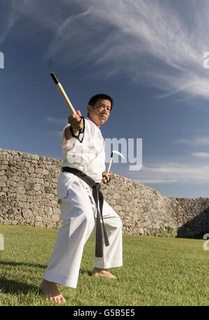 Katsuyoshi Chibana 7 dan Okinawa SHORIN-RYU Karate-do Myobu-kan di formazione con la KAMA a Castello Zakimi, Okinawa Foto Stock